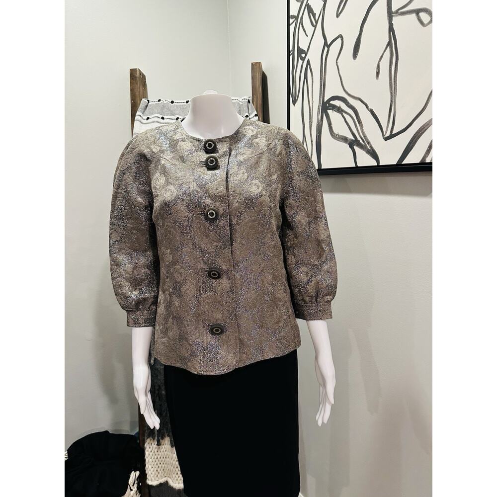 Tory Burch Woman’s Blazer Dress Jacket Metallic Silver Floral Cropped Silk Sz 6